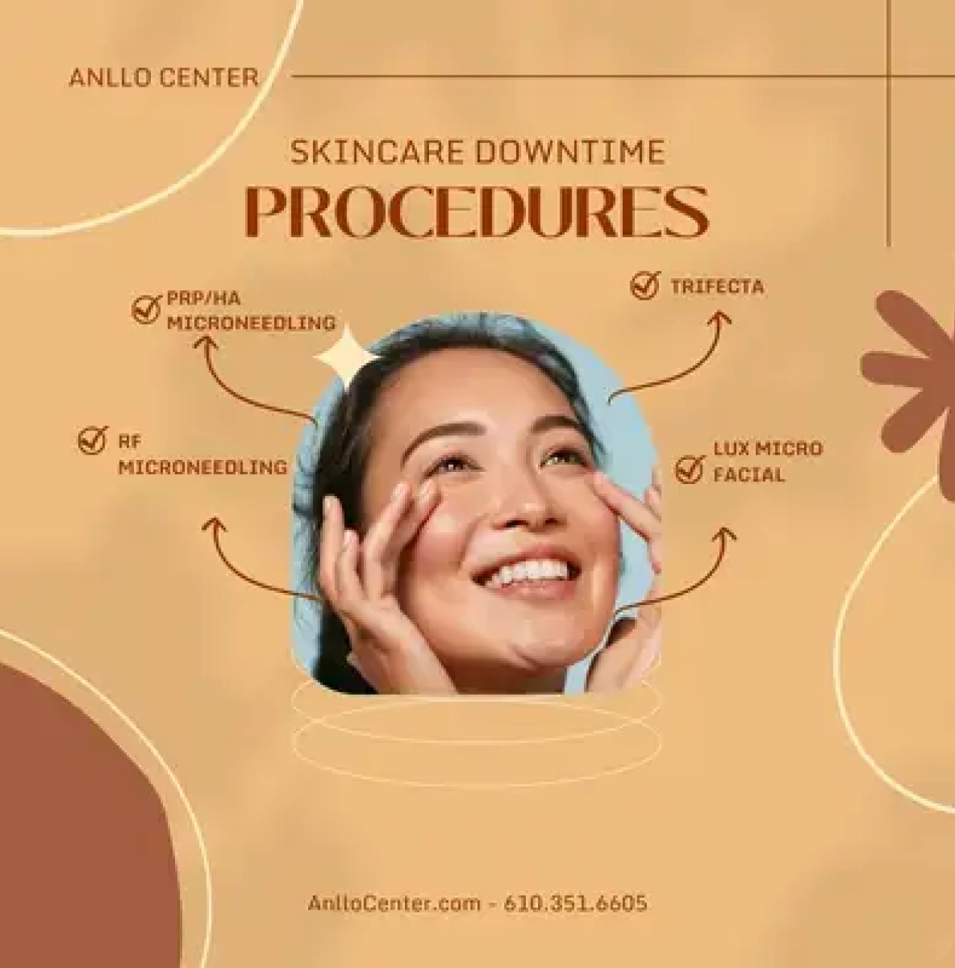 A woman with her face in the middle of a procedure diagram.