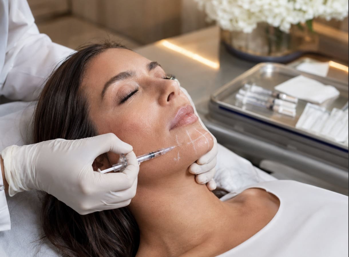 Nurse injector mapping a dermal filler treatment on a relaxed client
