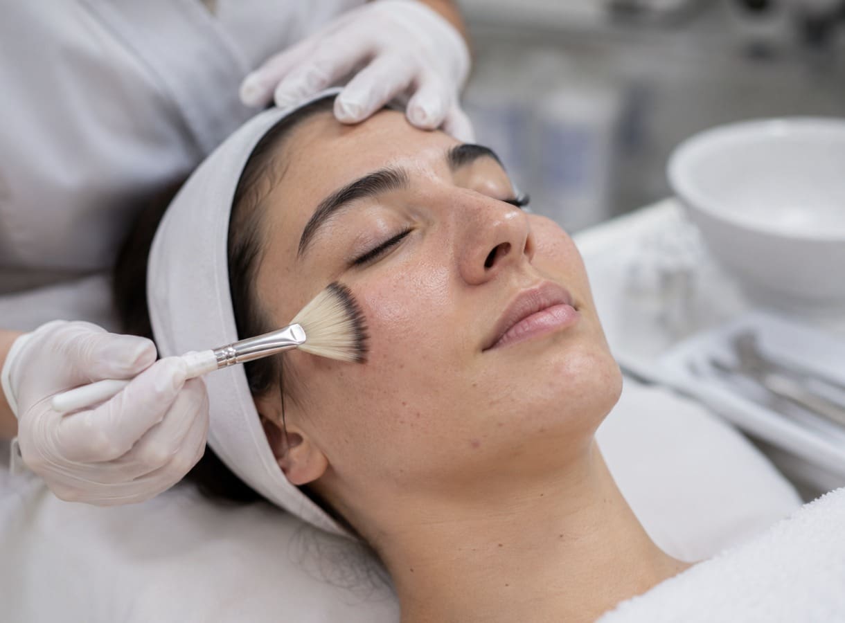 Aesthetician applying a customized peel treatment to a relaxed client