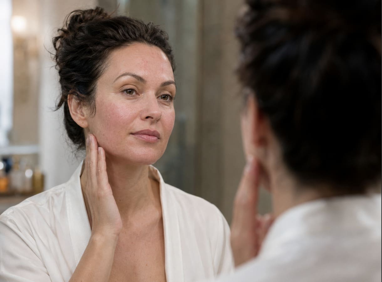 Client admiring firmer, smoother skin in the mirror