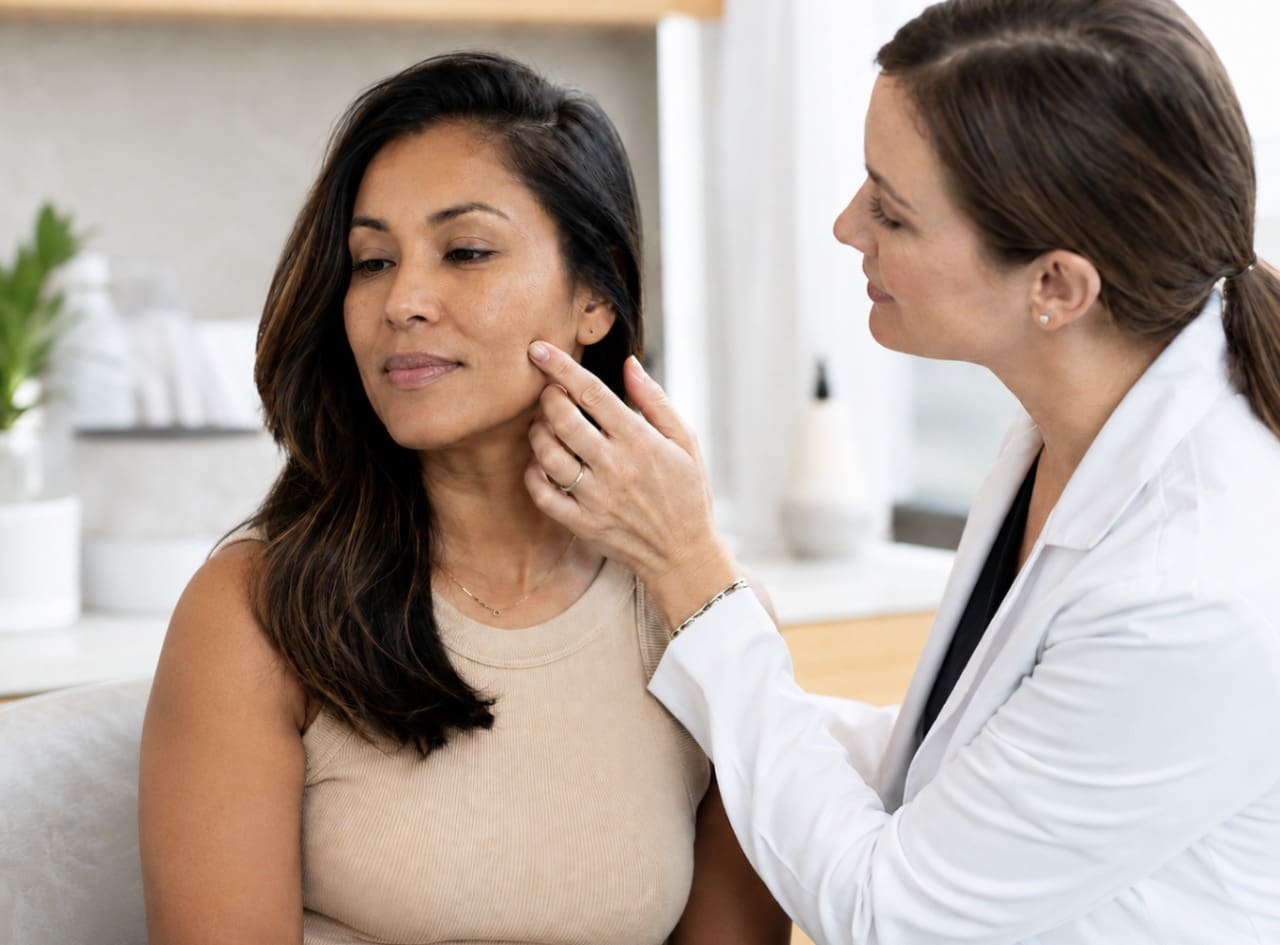 Provider assessing a client's skin during a microneedling consultation