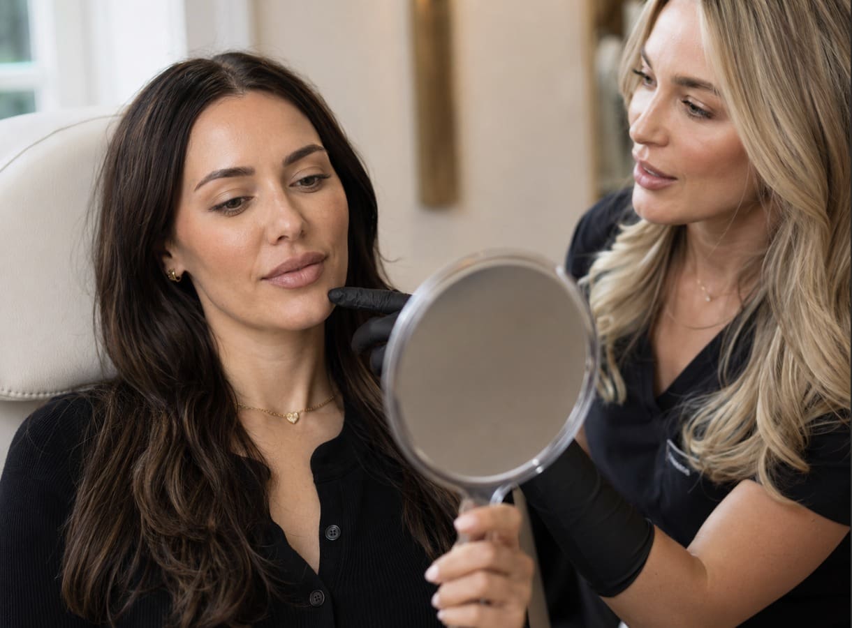 Injector reviewing results with a client in a hand mirror