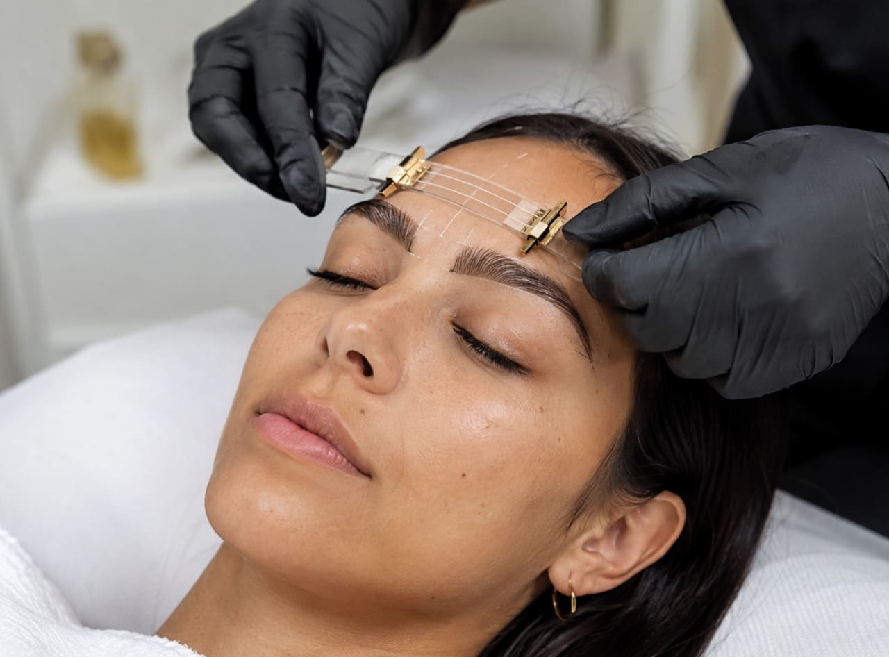 Brow artist mapping the ideal brow shape before applying henna